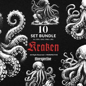 May include: A set of 10 black and white illustrations of krakens, a mythical sea monster with tentacles. The illustrations are in a vintage style and are perfect for use in graphic design projects.