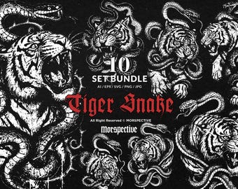 10 Bundle Dark Art Tiger Snake Fight Beast Serpent King Jungle Tattoo Clipart Digital File Vector Ai / Eps / Svg / Png illustration
