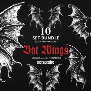 Puede incluir: Ilustración en blanco y negro de diez conjuntos de alas de murciélago. La imagen incluye el texto "10 SET BUNDLE" y "Bat Wings" en una fuente gótica. Las alas están detalladas con intrincados patrones de venas.