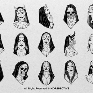 K&ouml;nnte beinhalten: Ein Set mit 18 Schwarzwei&szlig;illustrationen von Nonnen mit verschiedenen Gesichtsausdr&uuml;cken und Merkmalen, darunter H&ouml;rner, Sch&auml;del und Verb&auml;nde. Die Illustrationen sind im gotischen Stil gehalten und eignen sich perfekt f&uuml;r eine Vielzahl von kreativen Projekten.