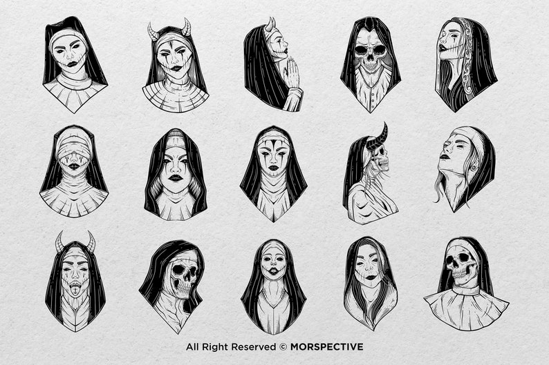 K&ouml;nnte beinhalten: Ein Set mit 18 Schwarzwei&szlig;illustrationen von Nonnen mit verschiedenen Gesichtsausdr&uuml;cken und Merkmalen, darunter H&ouml;rner, Sch&auml;del und Verb&auml;nde. Die Illustrationen sind im gotischen Stil gehalten und eignen sich perfekt f&uuml;r eine Vielzahl von kreativen Projekten.
