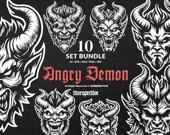 May include: A set of 10 black and white vector illustrations of angry demon faces with horns. The text "Angry Demon" is in red letters with a black outline. The text "10 Set Bundle" is in black letters with a white outline. The text "AI/EPS/SVG/PNG/JPG" is in black letters with a white outline. The text "All Right Reserved © MORSPECTIVE" is in black letters with a white outline. The text "Morspective" is in black letters with a white outline.