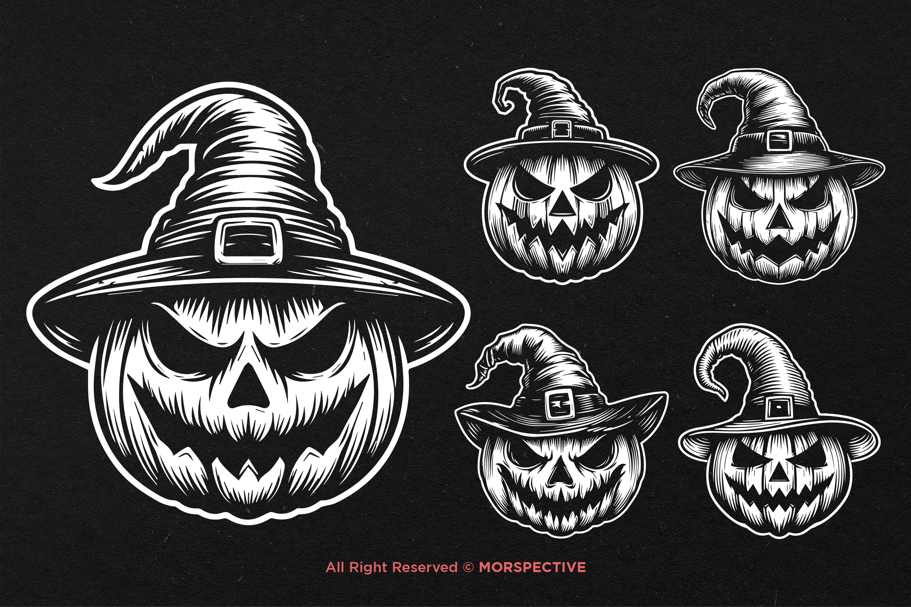 10 Bundle Dark Art Pumpkin Halloween Head Use Witch Hat Black and White ...