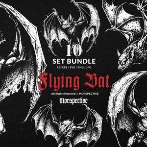 Puede incluir: Conjunto de ilustraciones en blanco y negro de murciélagos voladores. El texto "10 SET BUNDLE" y "Flying Bat" se muestra en una fuente gótica. Ideal para proyectos de arte digital, con representaciones detalladas.