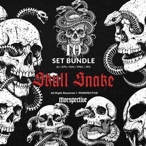May include: A digital illustration in black and white, showcasing multiple skulls entwined with snakes. The image includes the text "10 SET BUNDLE" and "Skull Snake" in a gothic font. Ideal for gothic or tattoo-inspired designs.