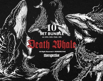 10 Bundle Dark Art Death Whale Skeleton Fish Predator Mammalia Skull Tattoo Clipart Digital File Vector Ai / Eps / Svg / Png illustration