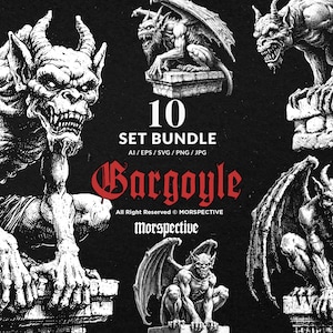May include: A set of 10 black and white digital illustrations of gargoyles. The gargoyles are depicted in a variety of poses, with wings and claws. The illustrations are in a gothic style and are perfect for use in graphic design projects.