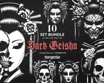May include: A set of 10 digital illustrations featuring a dark geisha theme. The illustrations are in black and white and feature a variety of designs, including a geisha with a skull face, a geisha with a mask, and a geisha with a demon face. The illustrations are perfect for use in a variety of projects, such as t-shirt designs, posters, and social media graphics.