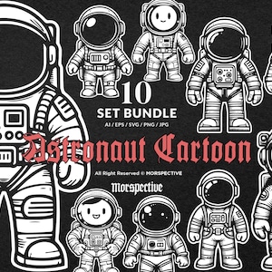 10 paquetes de dibujos animados de astronautas espaciales de arte oscuro, tatuajes en blanco y negro de cuerpo completo, imágenes prediseñadas, archivos digitales, ilustraciones vectoriales Ai/Epgs/Svg/Png