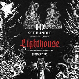 May include: A black and white illustration set featuring ten lighthouse designs. The images depict various lighthouse scenes, including those with tentacles, stormy seas, and the text "Lighthouse" in red gothic font. The set is labeled as a "SET BUNDLE".