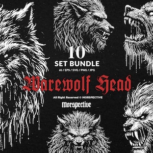 Puede incluir: Un conjunto de 10 ilustraciones en blanco y negro de cabezas de hombre lobo. Las ilustraciones son de estilo gráfico y presentan detalles de pelaje y colmillos. El texto "10 SET BUNDLE AI/EPS/SVG/PNG/JPG Werewolf Head All Right Reserved © MORSPECTIVE Morspective" está en la parte inferior de la imagen.
