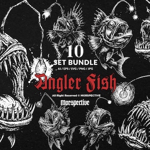 Peut inclure: Ensemble d'illustrations en noir et blanc représentant dix poissons-pêcheurs avec des bouches ouvertes et des dents acérées. Le texte "10 SET BUNDLE" et "Angler Fish" est affiché. L'image comprend le texte "All Right Reserved © MORSPECTIVE".