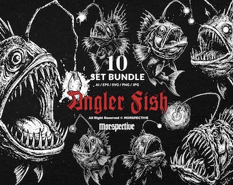 10 Bundle Dark Art Angler Fish Sea Creature Horror Deep Sea Tattoo Clipart Digital File Vector Ai / Eps / Svg / Png illustration