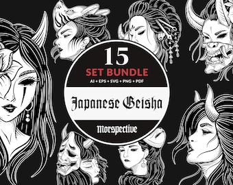 May include: A set of 15 black and white illustrations of Japanese Geisha with masks and floral accents. The illustrations are in a graphic style and are perfect for use in digital or print projects. 15 SET BUNDLE AI+EPS+SVG+PNG+PDF Japanese Geisha Morspective