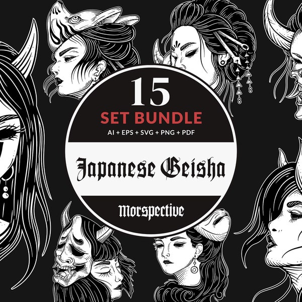 15 Bundle Japanese girl Head Anime rose geisha woman Skull Mask Tattoo Clipart Digital File Vector Ai / Eps / Svg / Pdf / Png illustration