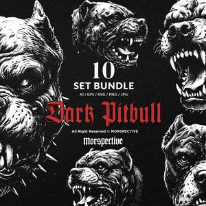 10-pack mörk konst Pitbull hund odjur huggtänder arg skrämmande tatuering Clipart digital fil vektor Ai / Eps / Svg / Png illustration