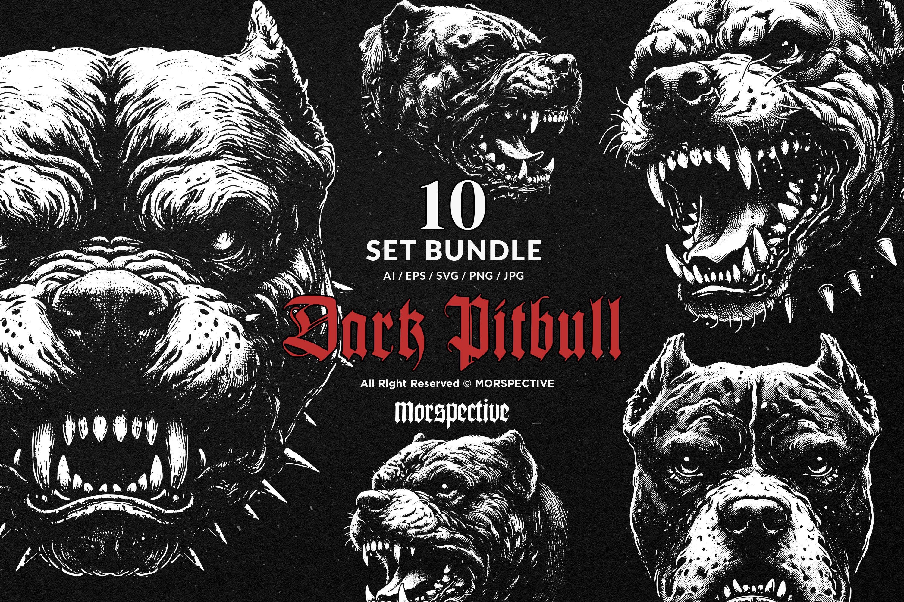 10 Bundle Dark Art Pitbull Dog Beast Fangs Angry Scary Tattoo Clipart Digital File Vector Ai / Eps / Svg / Png illustration