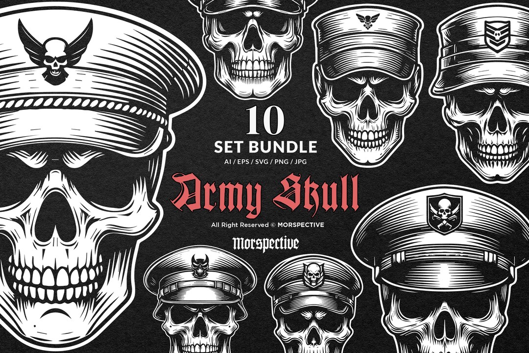 10 Bundle Dark Art Army Skull Head With Army Hat Illustration