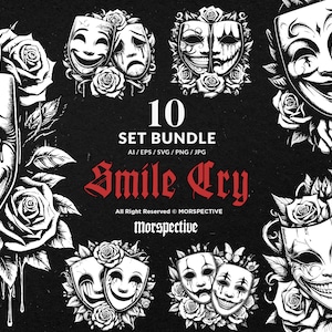 Puede incluir: Un conjunto de 10 ilustraciones digitales de máscaras con expresiones sonrientes y llorosas. Las máscaras están rodeadas de rosas y gotean tinta negra. El texto "Smile Cry" está escrito en una fuente gótica en negrita.