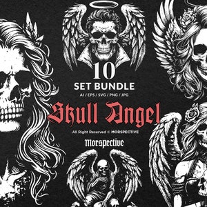 May include: A set of 10 digital illustrations featuring skull angels. The illustrations are in black and white and feature skulls with wings and halos. The text "Skull Angel" is written in a gothic font.