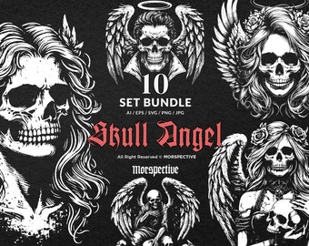 10 bundel Dark Art Skull Angel Face met vleugels Horror Grunge Vintage Tattoo Clipart Digitaal Bestand Vector Ai / Eps / Svg / Png illustratie