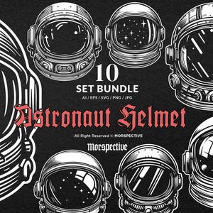 10 Bundle Dark Art Astronaut Space Galaxy Helmet Head Black and White Tattoo Clipart Digital File Vector Ai / Eps / Svg / Png illustration