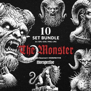 Könnte beinhalten: Ein Set mit 10 Schwarzweiß-Digitalillustrationen von Monstern mit Hörnern und Zähnen. Die Illustrationen sind im grafischen Stil gehalten und tragen den Titel "The Monster".