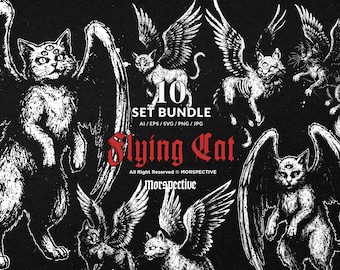 10 Bundle Dark Art Cat Flying Wings Angel Kitten Meow Kitten Tattoo Clipart Digital File Vector Ai / Eps / Svg / Png illustration