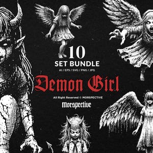 10 Bundle Dark Art Devil Girl Kids Demon Woman Face Hell Tattoo Clipart Digital File Vector Ai / Eps / Svg / Png illustration