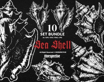 10 Bundle Dark Art Sea Shell Ocean Mollusk Clam Pearl Beach Skull Tattoo Clipart Digital File Vector Ai / Eps / Svg / Png illustration