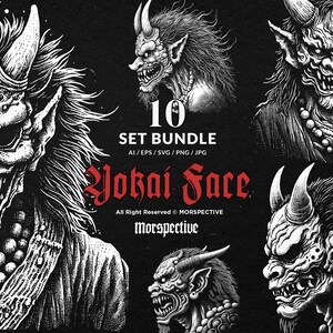 May include: A set of 10 black and white digital illustrations of yokai faces. The illustrations are in a graphic style and feature detailed facial features and horns. The text "10 SET BUNDLE AI/EPS/SVG/PNG/JPG Yokai Face All Right Reserved © MORSPECTIVE Morspective" is included in the image.