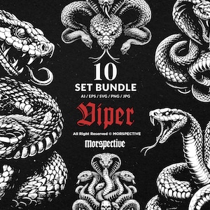 10 Bundle Dark Art Viper Snakes Cobra Anacondas Python reptile Tattoo Clipart Digital File Vector Ai / Eps / Svg / Png illustration