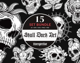 15 Set Bundle Dark Art Skull Bone Horror Tattoo Beast Sugar Skull SVG Skull Clipart Skull Vector Ai / Eps / Svg / Pdf / Png illustration