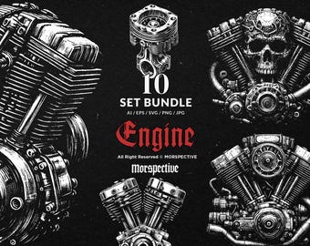Lot de 10 Dark Art moteur tête de mort moto vélo voiture de course V8 tatouage dessiné à la main des cliparts fichier numérique illustration vectorielle Ai/Eps/Svg/PNG
