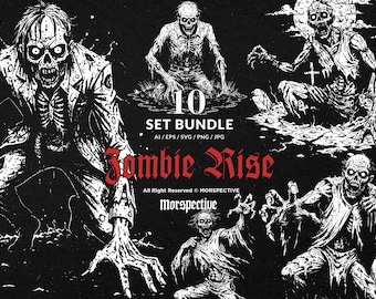 10 Bundle Dark Art Zombie Rise Undead Virus Plague Ghoul Horror Tattoo Clipart Digital File Vector Ai / Eps / Svg / Png illustration