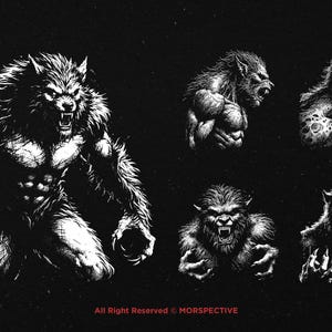 May include: Black and white illustration of five werewolf figures in various poses. The werewolves have sharp teeth and claws, and their fur is detailed and textured.