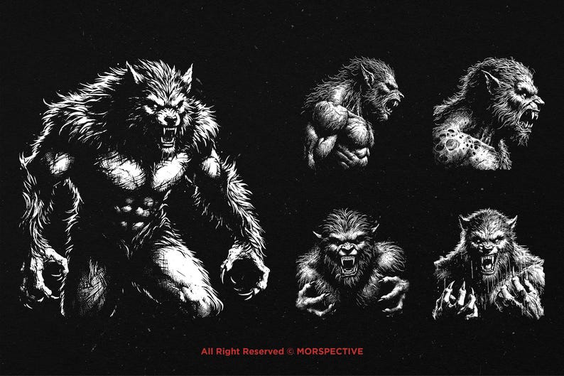 May include: Black and white illustration of five werewolf figures in various poses. The werewolves have sharp teeth and claws, and their fur is detailed and textured.