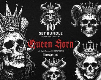 10 bundel Dark Art koningin schedel hoorn kroon vrouwen dood handgetekende tattoo clipart digitaal bestand vector ai/eps/svg/png illustratie