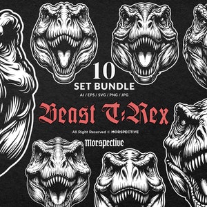 May include: A set of 10 black and white illustrations of T-Rex dinosaur heads in various poses. The illustrations are in a vintage style and are perfect for use in graphic design projects.