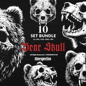 May include: A set of 10 bear skull illustrations in black and white. The illustrations are in a graphic style and feature different angles of the bear skull. The text "10 SET BUNDLE AI/EPS/SVG/PNG/JPG Bear Skull All Right Reserved © MORSPECTIVE Morspective" is at the bottom of the image.