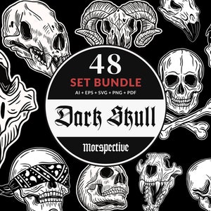 48 Set Bundle Dark Art Skull Bone Horor Tattoo Crossbone Silhouette Clipart Digital File Vector Ai / Eps / Svg / Jpg / Png illustration