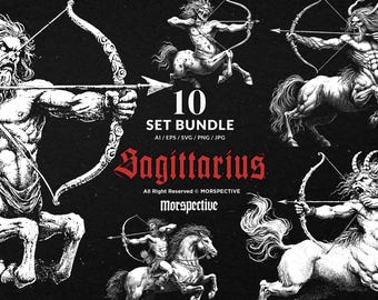 10 Bundle Dark Art Sagittarius Archer Horse Man Arrow Mystical Zodiac Tattoo Clipart Digital File Vector Ai / Eps / Svg / Png illustration