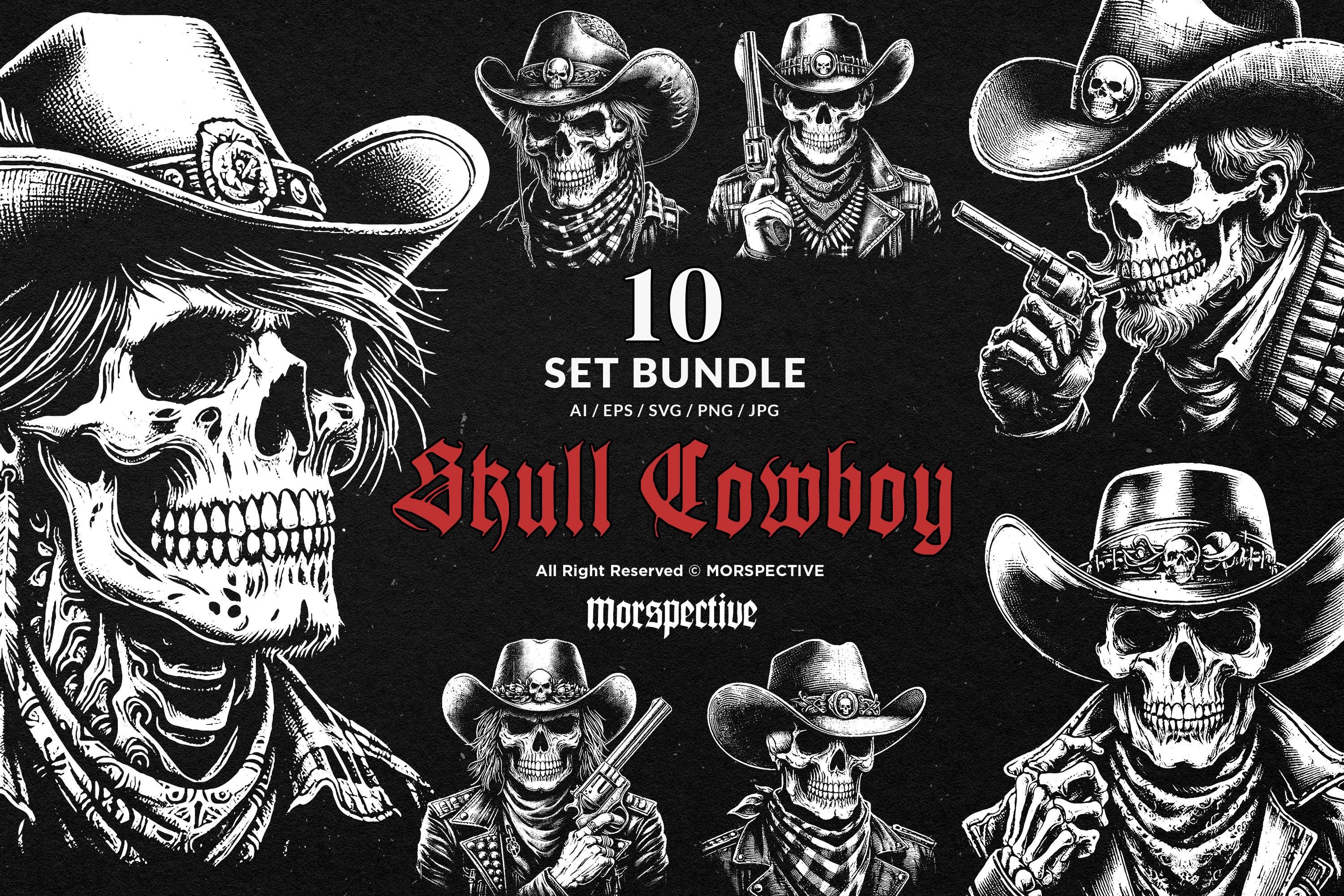 10 Bundle Dark Art Skull Cowboy Skeleton Vintage Sheriff Tattoo Clipart Digital File Vector Ai / Eps / Svg / Png illustration