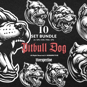 10 Bundle Dark Art Angry Pitbull Dog Head with Sharp Fangs Black White Tattoo Clipart Digital File Vector Ai / Eps / Svg / Png illustration