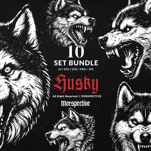 10 Bundle Dark Art Husky Dog Wolf Animal Beast Scary Tattoo Clipart Digital File Vector Ai / Eps / Svg / Png illustration