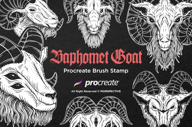 May include: A set of black and white digital brush stamps featuring a goat's head with horns. The text "Baphomet Goat" and "Procreate Brush Stamp" is displayed in red. The Procreate logo is also displayed.