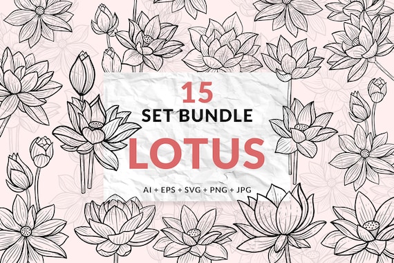 15 Set Bundle Lotus Flower Line Art Relax Meditation Fine Hand