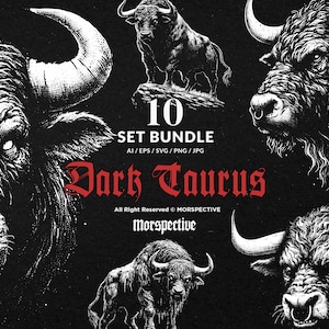 10 Bundle Dark Art Taurus Beast Bull Zodiac Animal with Horn Tattoo Clipart Digital File Vector Ai / Eps / Svg / Png illustration