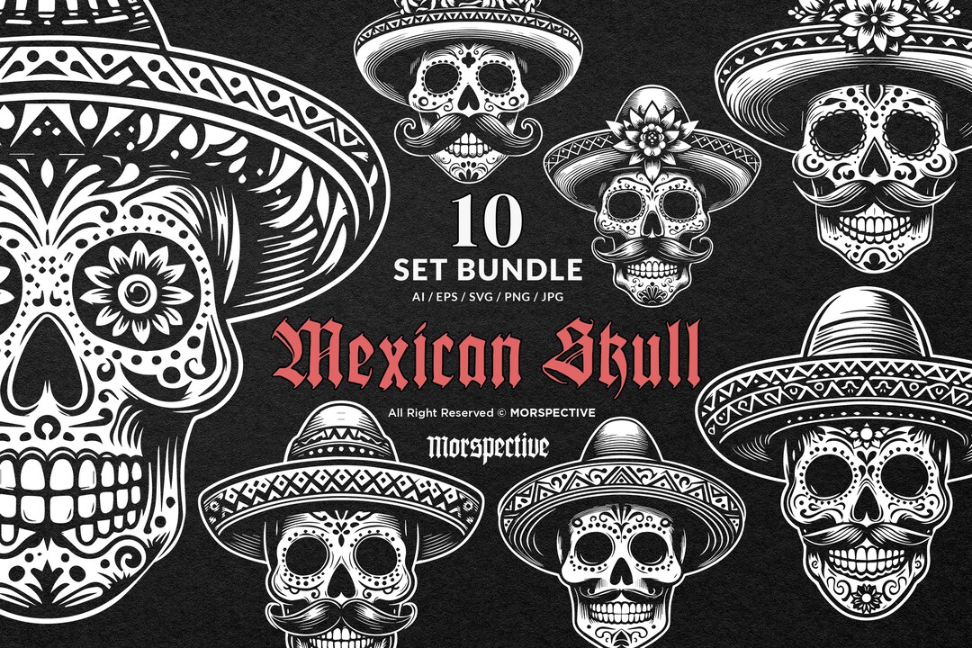 10 Bundle Dark Art Mexican Skull Head With Traditional Hat Black White ...