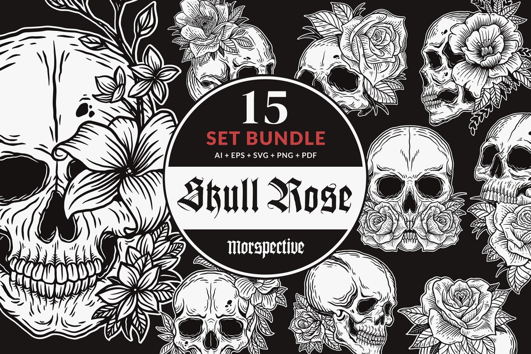 15 Set Bundle Skull With Rose Floral Dark Art Horror Tattoo Vintage ...